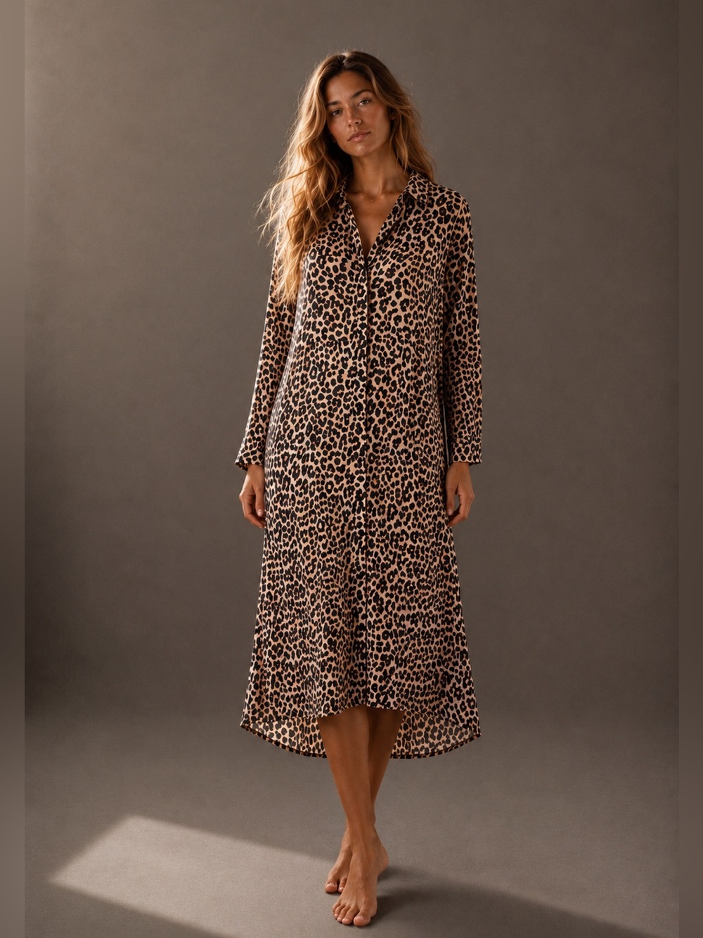 Leopard Print Button Front Midi Shirt Dress Collared Flowy Medium